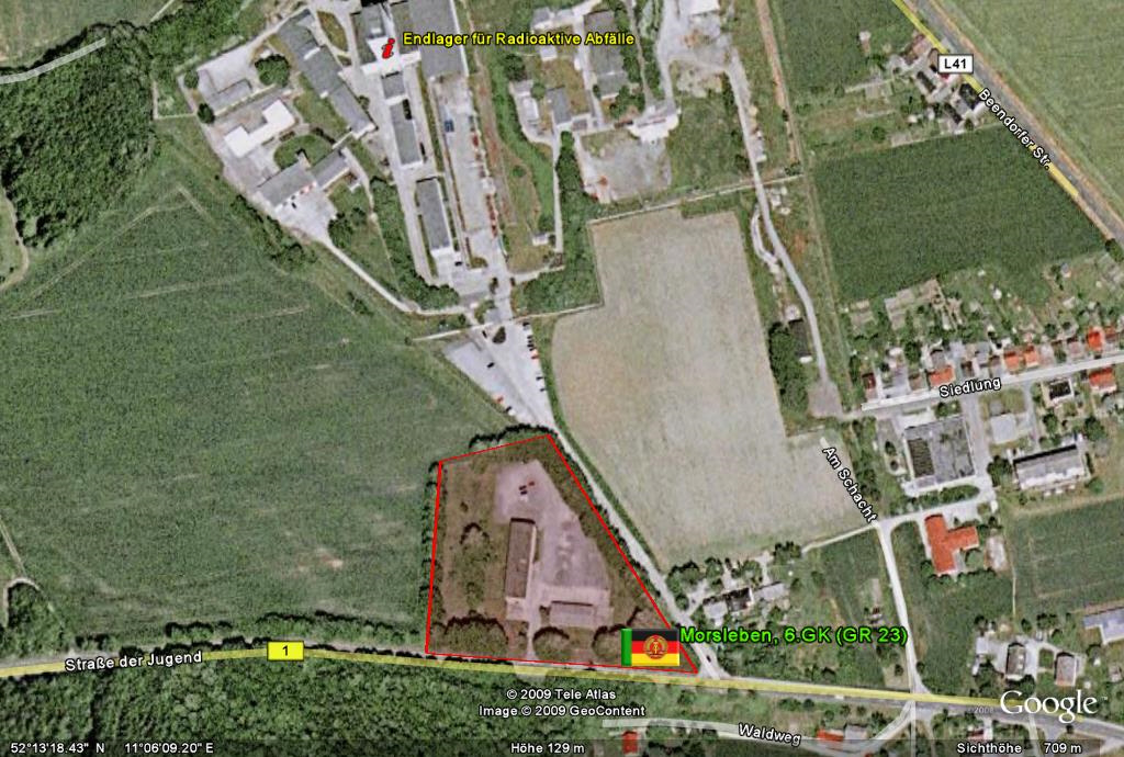 Ehemaliges Gelände der Grenzkompanie Morsleben, oben das Endlager Morsleben